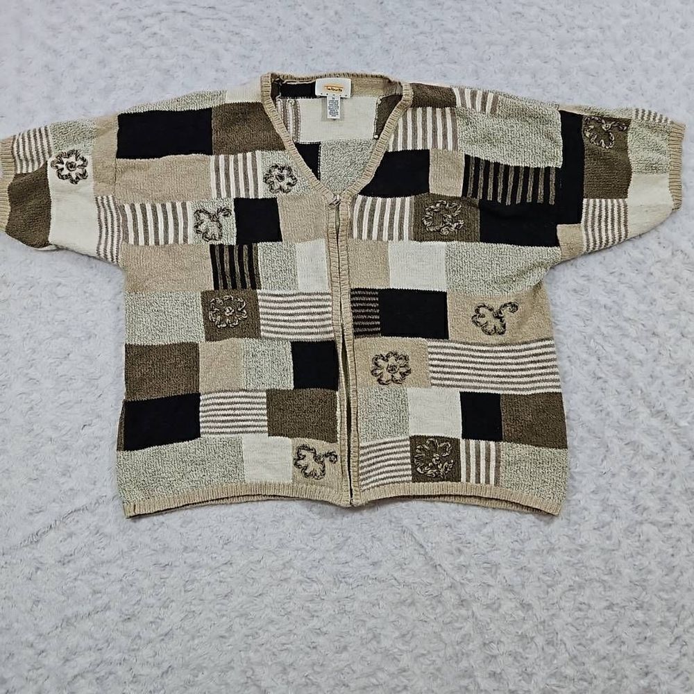 Talbots Patchwork Cardigan Womens Size 2x Beige Brown Full Zip Silk Linen Blend